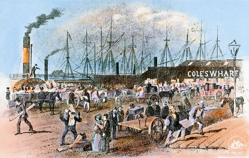 A bustling scene at Queen’s Wharf, 1853
